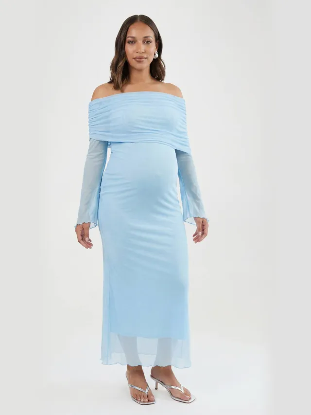 boohoo Dames Zwangerschaps Mesh Bardot Maxi Jurk Babyblauw