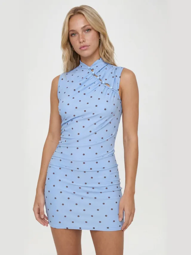 boohoo Dames Polkadot Mini-jurk Met Hoge Hals En Knoopdetail Poederblauw