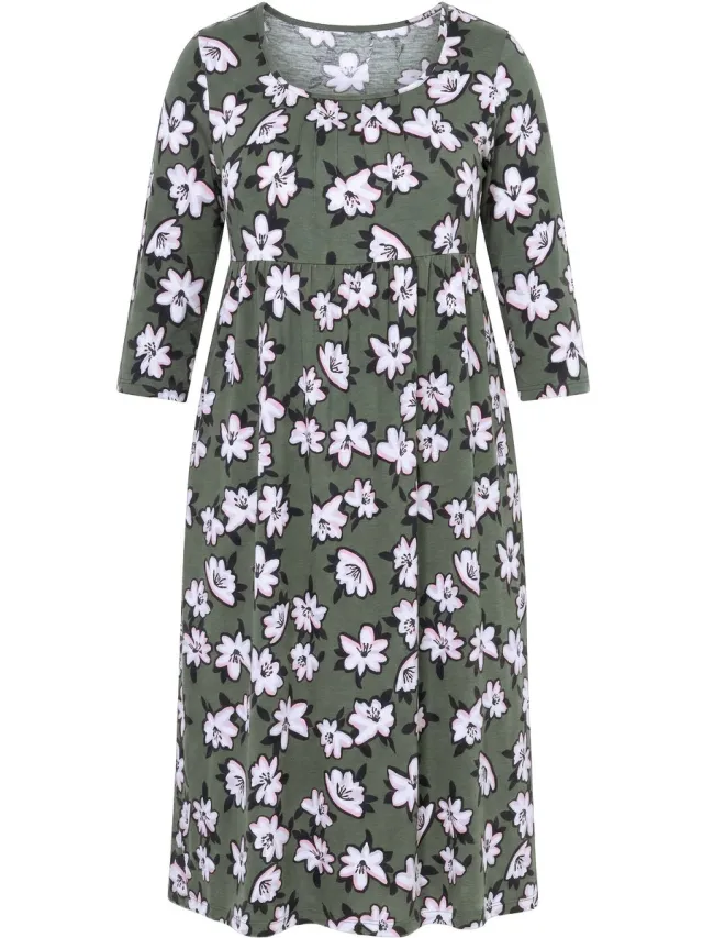 Ulla Popken Dames - Maxi-jurk bloemen carree-halslijn 3/4-mouwen zakken - Olijfgrijs - Maat 50+