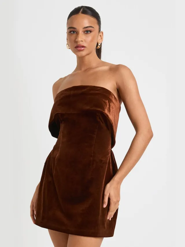 boohoo Dames Fluweel Bardot Crepe Jurk Chocoladebruin