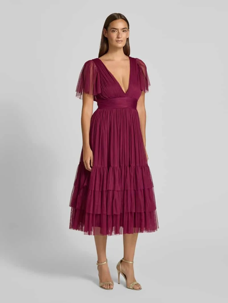 Lace & Beads Cocktailjurk met diepe V-hals donkerrood, foto 4
