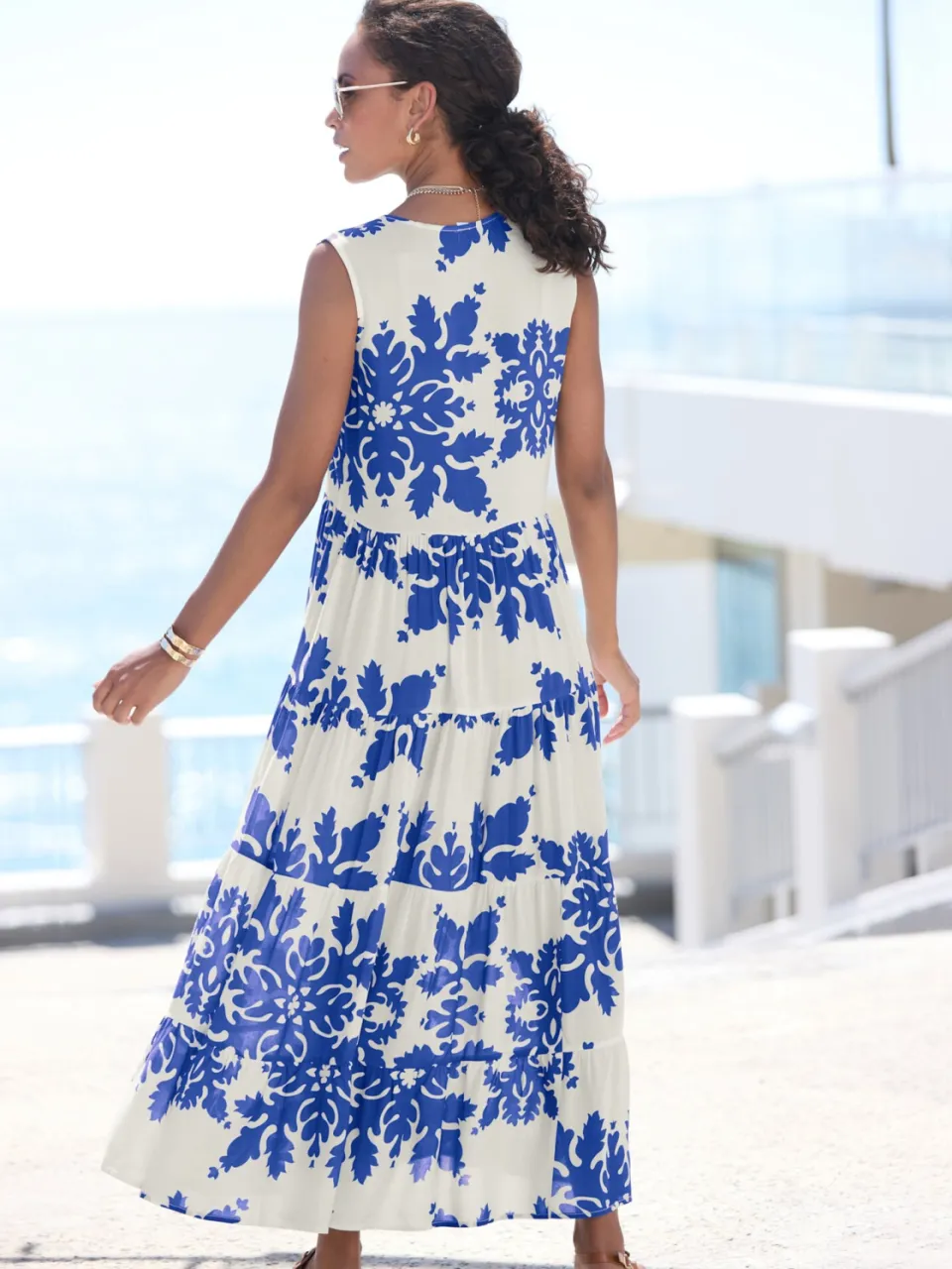 Maxi-jurk crème/blauw bedrukt