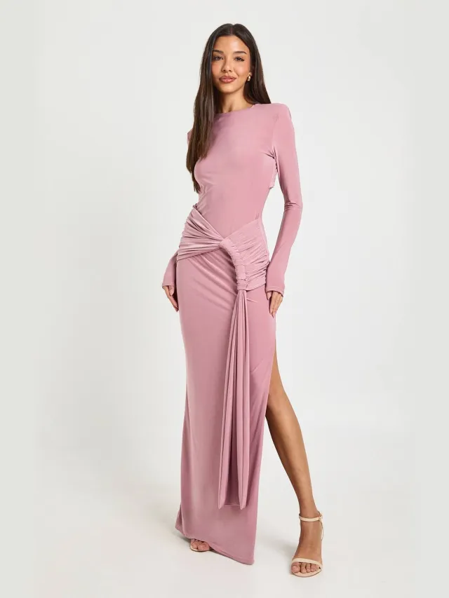 boohoo Dames Maxi Jurk met Draperie Detail en Zijsplit Mauve