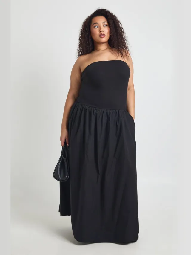 boohoo Dames Plus Geribbelde Katoenmix Maxi Jurk Met Verlaagde Zoom Zwart
