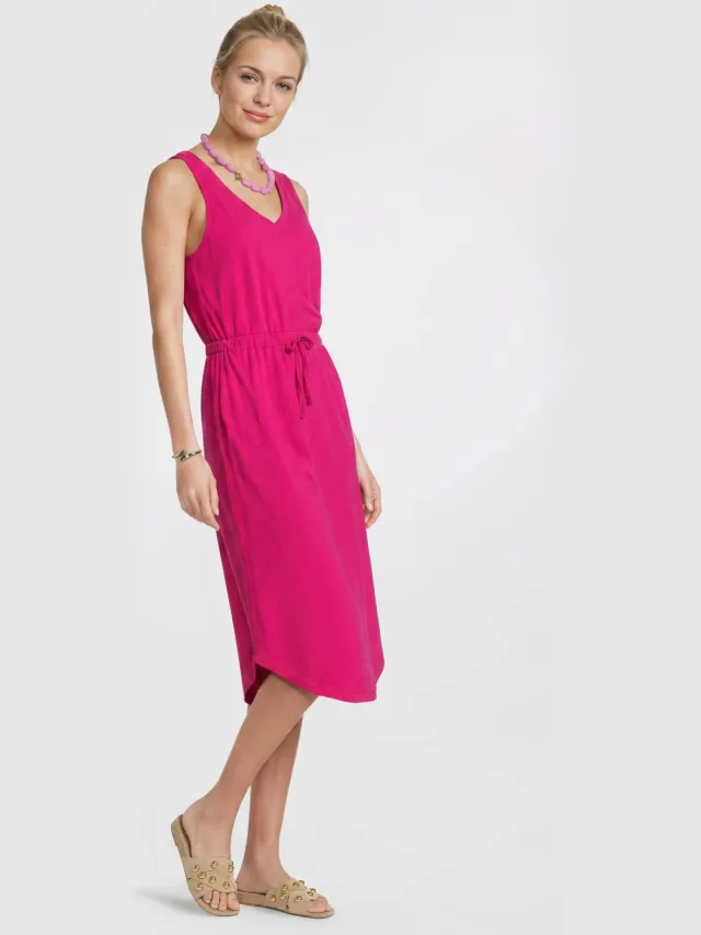 Anytime midi jurk met V-hals fuchsia