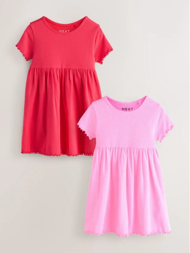 Next Meisjes - Geribbelde jurk met korte mouwen in set van 2 - Roze Pink