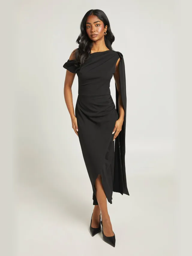 boohoo Dames Gerimpelde Asymmetrische Draperie Detail Midaxi Jurk Zwart