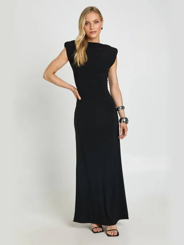 boohoo Dames Petite Maxi Jurk Met Schoudervulling, Open Rug En Verlaagde Taille Zwart