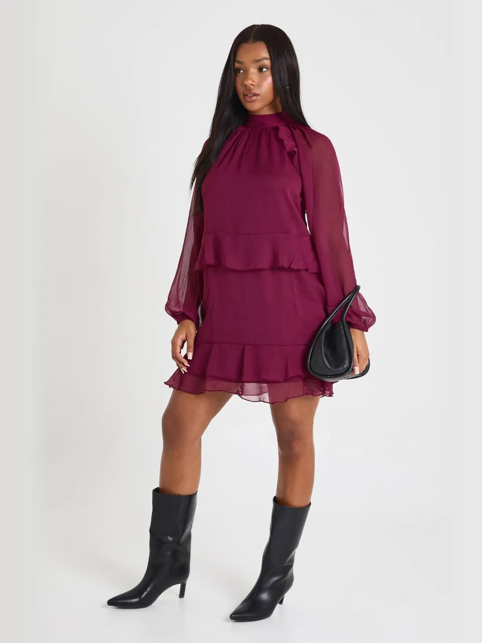 boohoo Dames Chiffon smockjurk met ruches Bordeaux Rood