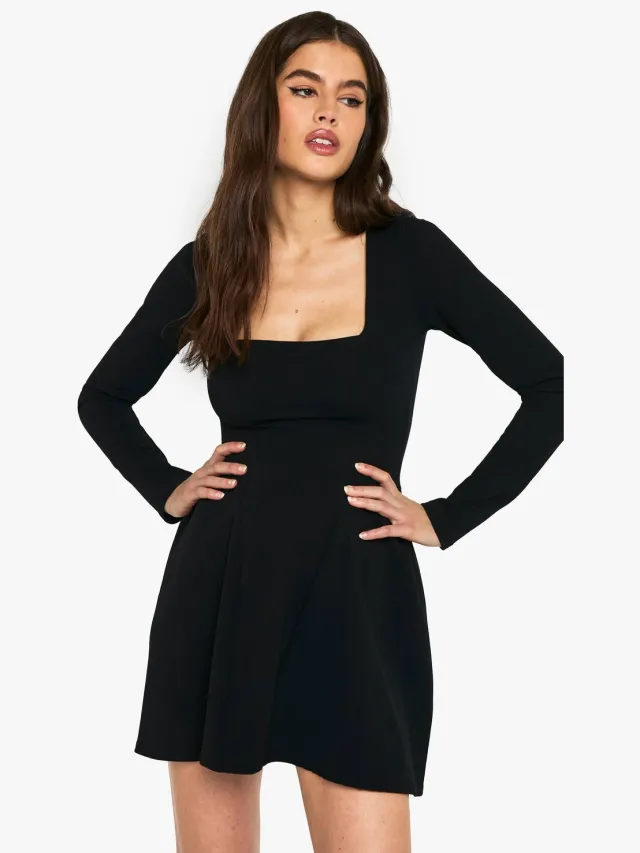 boohoo Dames Long Sleeve Square Neck Full Skirt Mini Dress Black