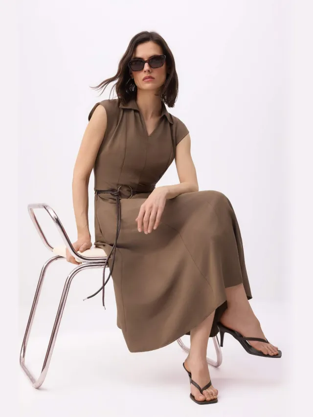 Turkishsouq Platte, mouwloze midi-jurk voor dames, casual/dagelijks model skaterjurk Kaki