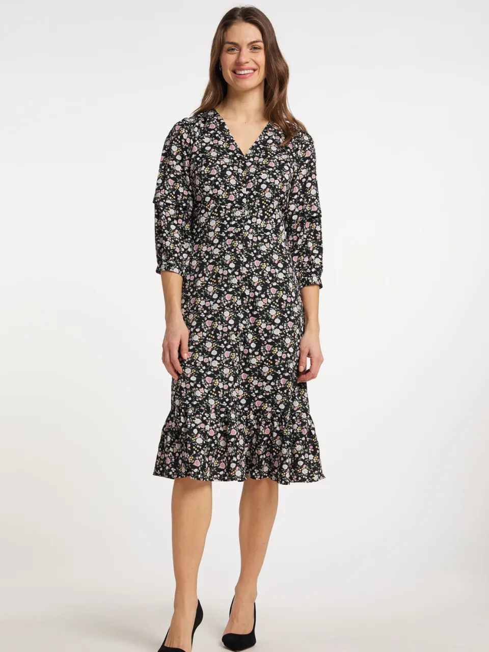 Usha midi-jurk met bloemenprint qisha Zwart