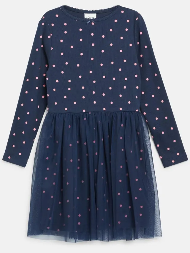 S.Oliver female - Korte ribjurk met all-over print en tule rok navy