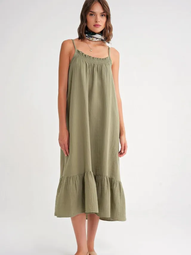 Mixray Midi Musselinen Jurk met Ruffle Detail Saliegroen