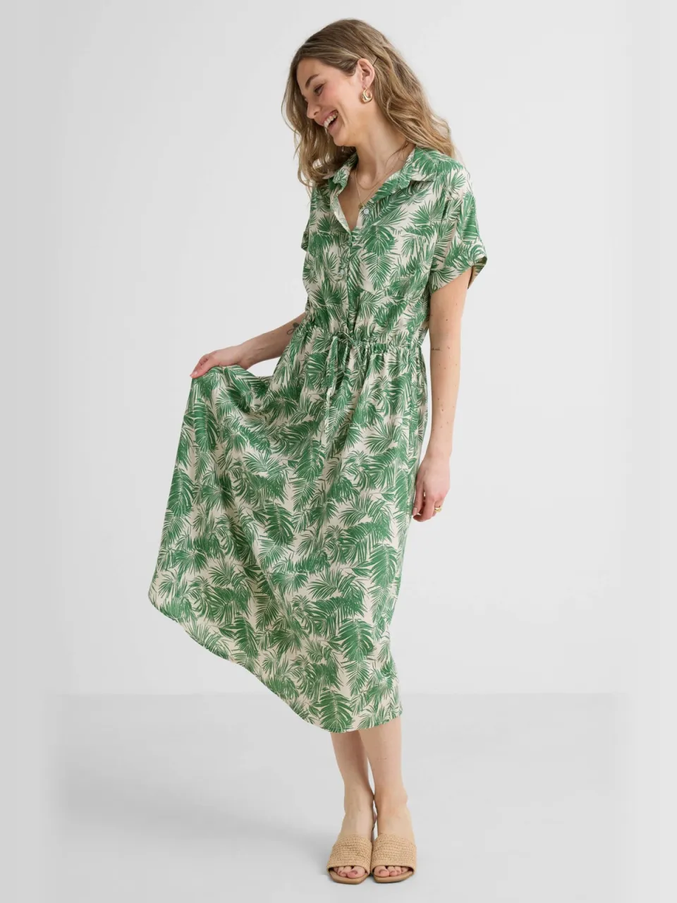 Anytime midi jurk met bladprint beige/groen, foto 4