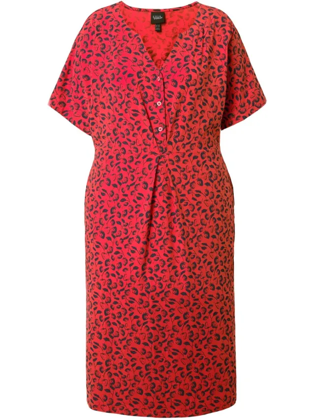 Ulla Popken Dames - Midi-jurk aardbeien tuniekhals korte mouwen - Koraal - Maat 50+