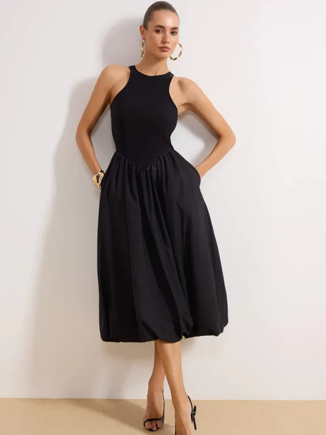 Trendyol TRENDYOLMİLLA Dames Zwart Effen Midi Mouwloos Stijlvol/Avond Skater Jurken