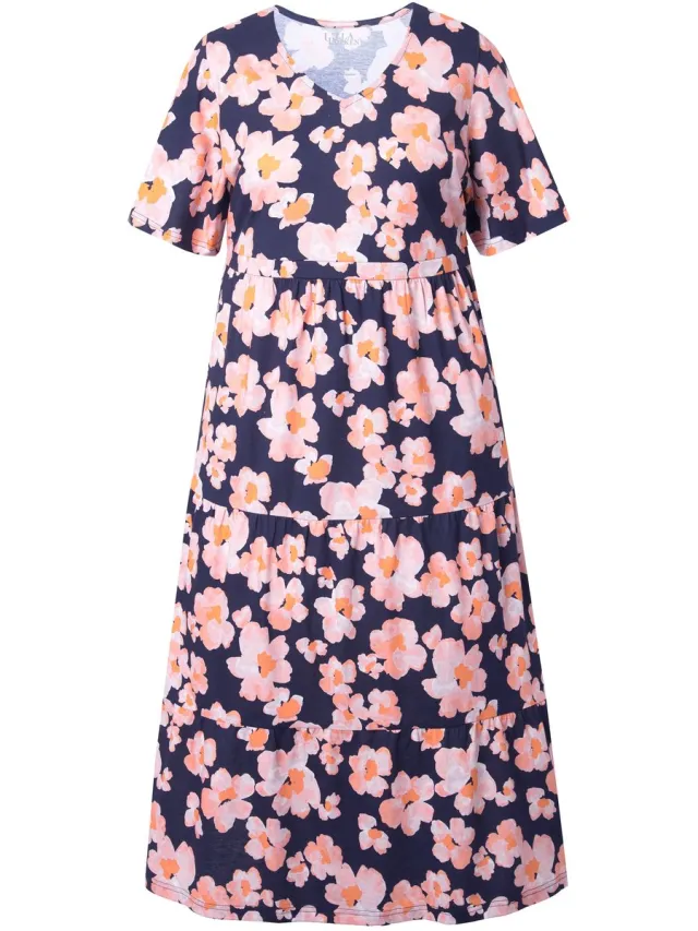 Ulla Popken Dames - Maxi-jurk bloemen A-lijn V-hals korte kapmouwen - Marine - Maat 62+