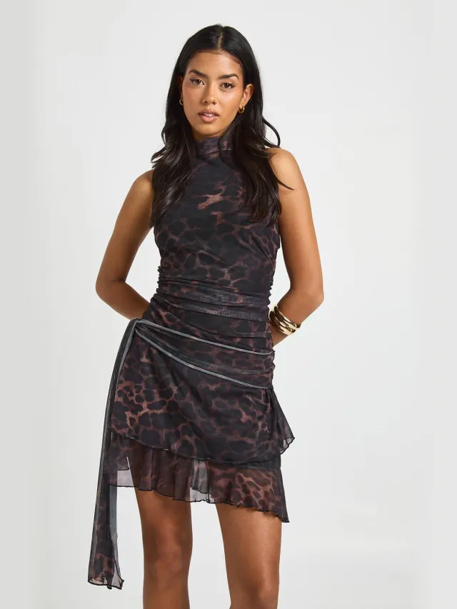 boohoo Dames Luipaard Halterneck Mesh Ruffle Mini Jurk Zwart