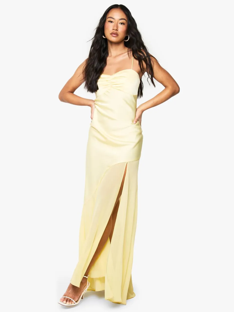 boohoo Dames Satijn en chiffon mix maxi-jurk citroen, foto 3