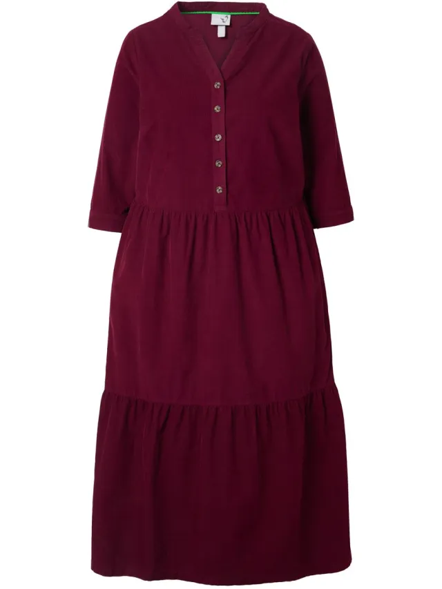 Ulla Popken Dames - Maxi-jurk van corduroy opstaande kraag V-hals lange mouwen - Wijnrood - Maat 46+
