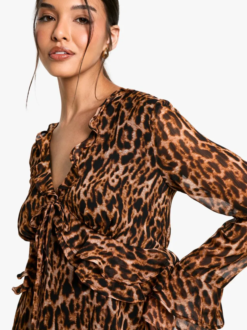 boohoo Dames Leopard Pof Mouw Mini Jurk bruin, foto 4