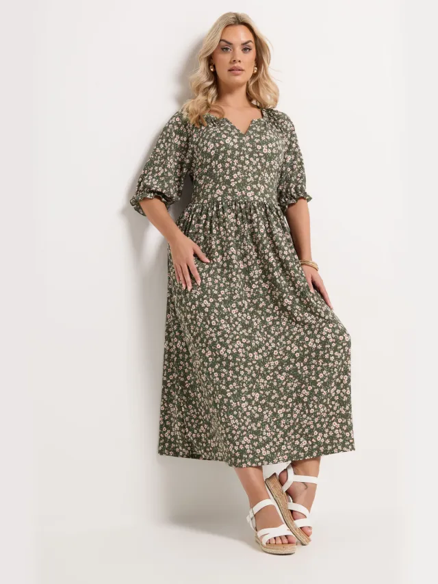 Yours Kaki Groene Maxijurk Met Bloemenprint En Inkeping In De Hals-64 Green