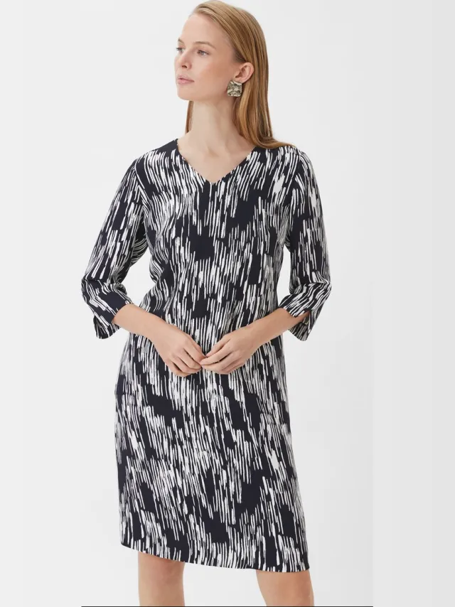 Comma female - Gedessineerde crêpe jurk met 3/4 mouwen navy