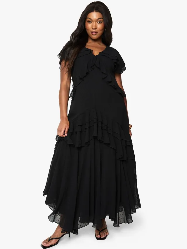 boohoo Dames Plus Dobby Chiffon Maxi-jurk met ruchesdetail Zwart