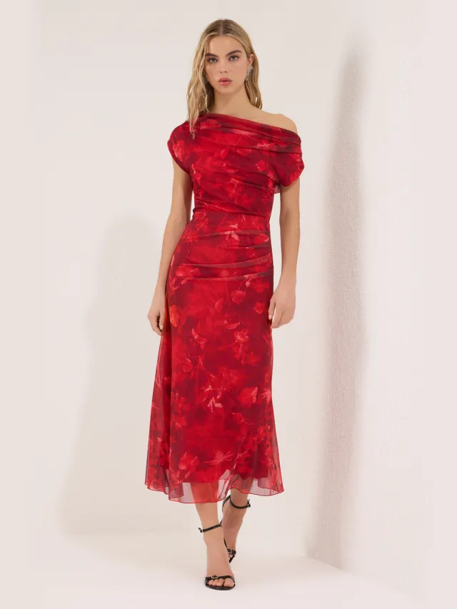 Trendyol TRENDYOLMİLLA Dames Rood Bloemen Maxi Mouwloos Stijlvol/Avond Bodycon Jurken