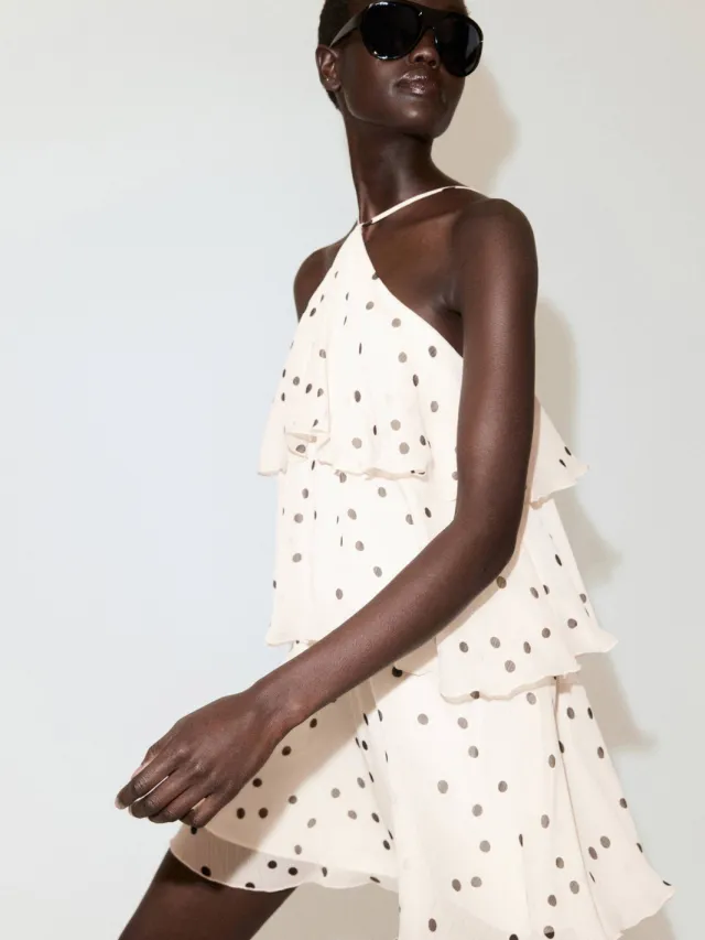 Mango halter mini jurk met stippen en ruches - ecru ecru / zwart