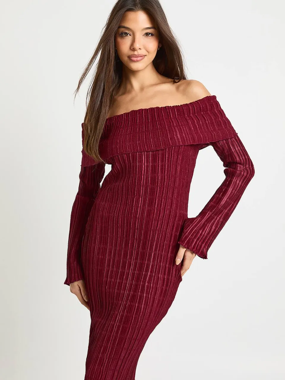 boohoo Dames Getextureerde Bardot Maxi-jurk wijn, foto 3