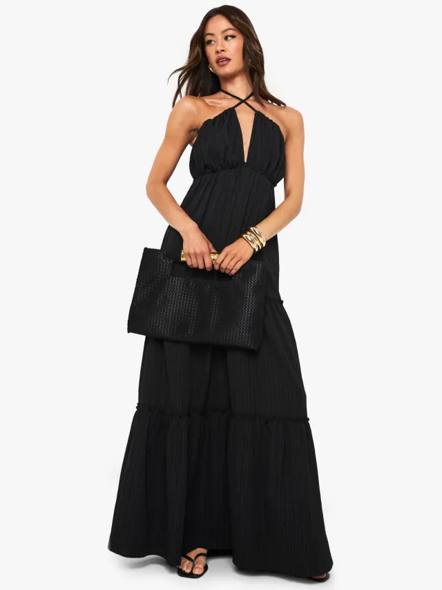 boohoo Dames Lange getextureerde gerimpelde bandjes gelaagde maxi-jurk Zwart