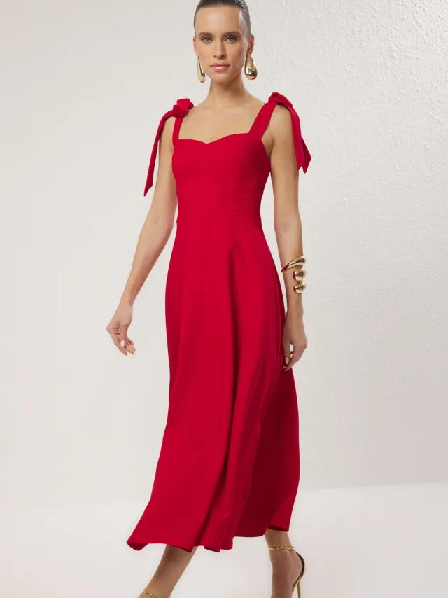 Trendyol TRENDYOLMİLLA Dames Rood Effen Maxi Mouwloos Stijlvol/Avond Skater Jurken