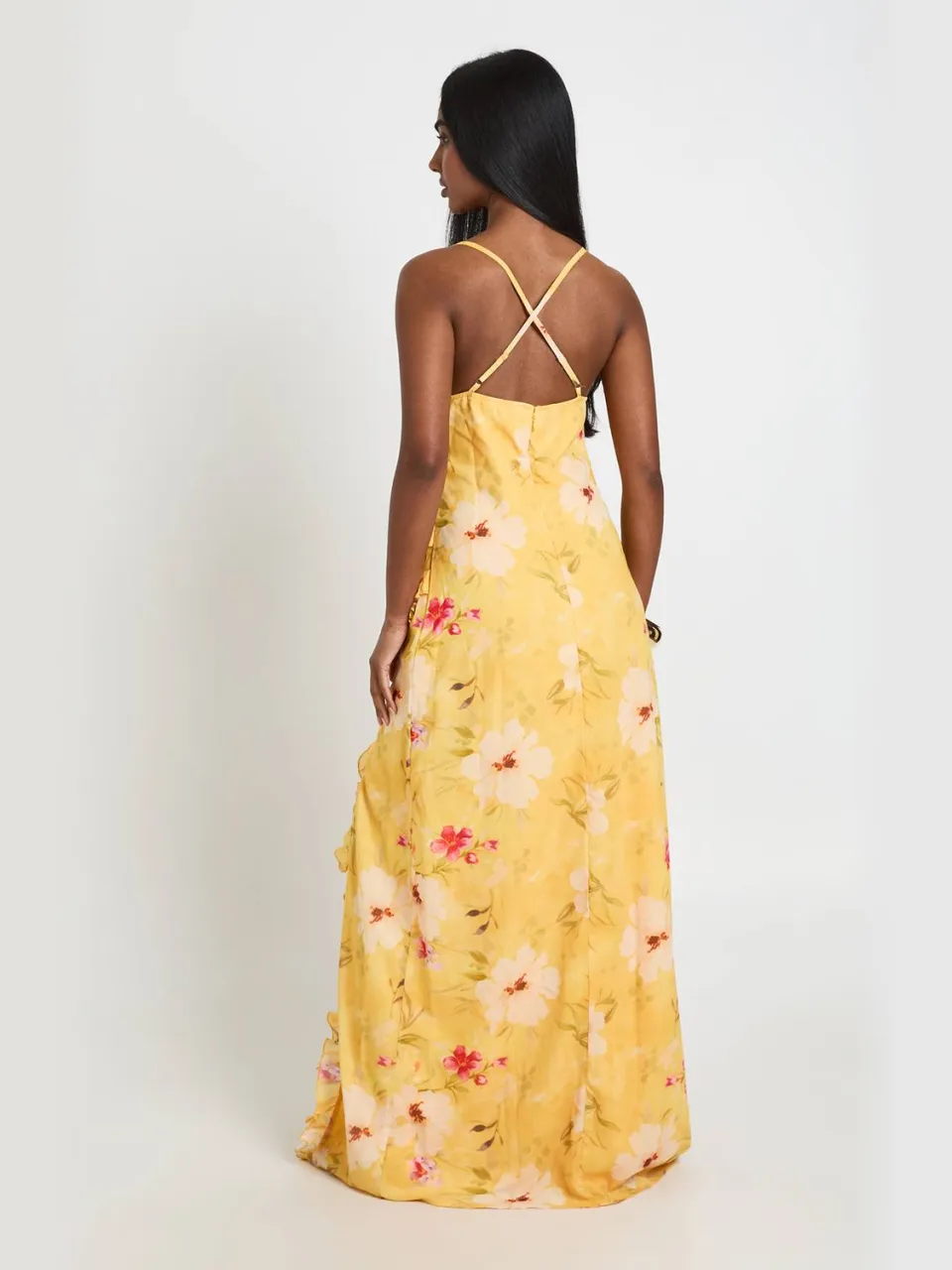 boohoo Dames Gebloemde Chiffon Maxi Jurk Met Gelaagde Ruches oranje, foto 2