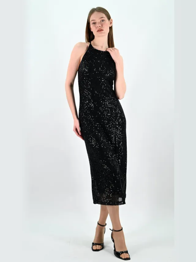 YESMOOI Cocktailjurk met Pailletten - Zwart - Sequinned Midi Dress - M (38)