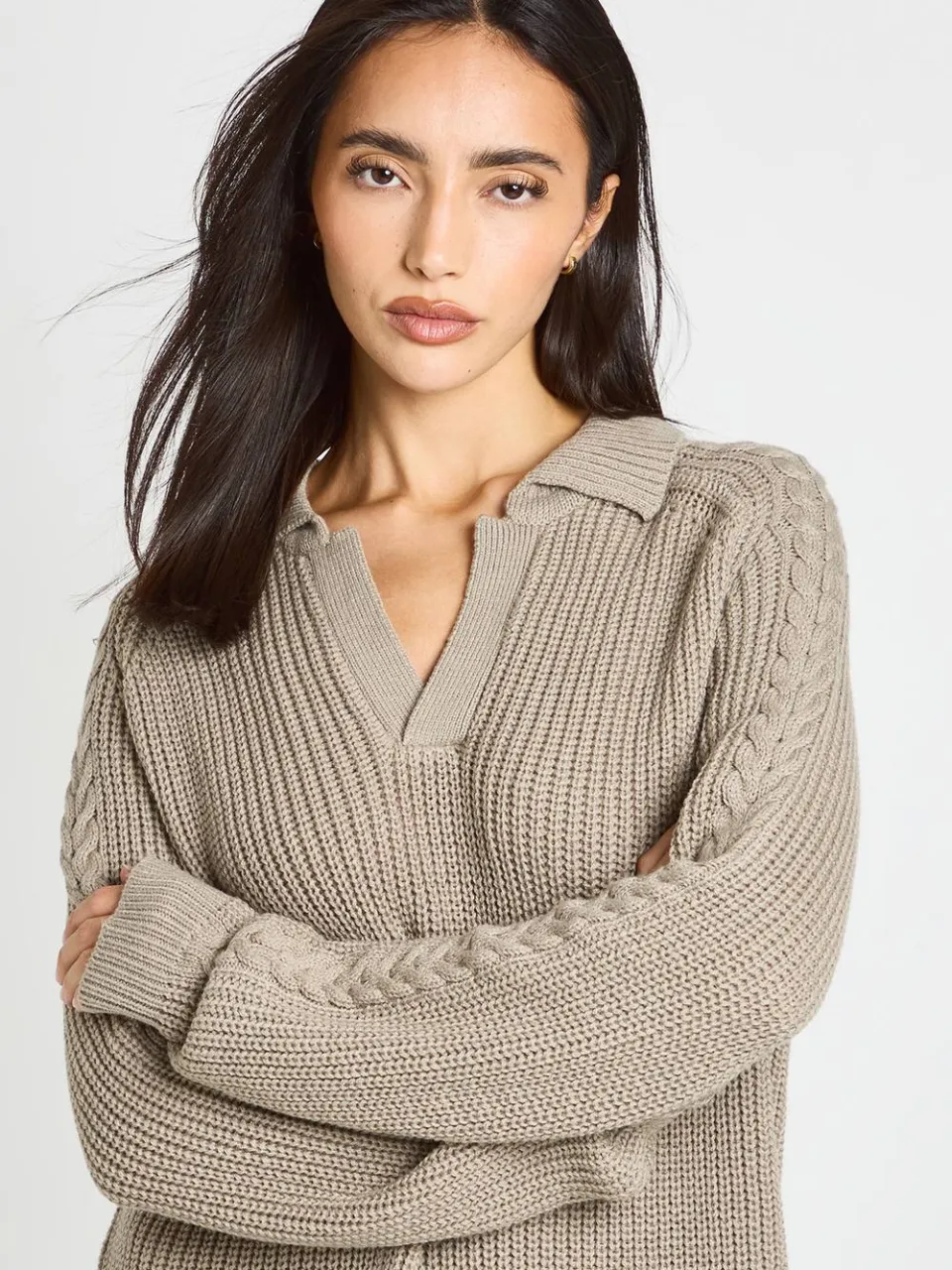boohoo Dames Grofgebreide Trui-jurk Met Kraag En V-hals taupe, foto 4