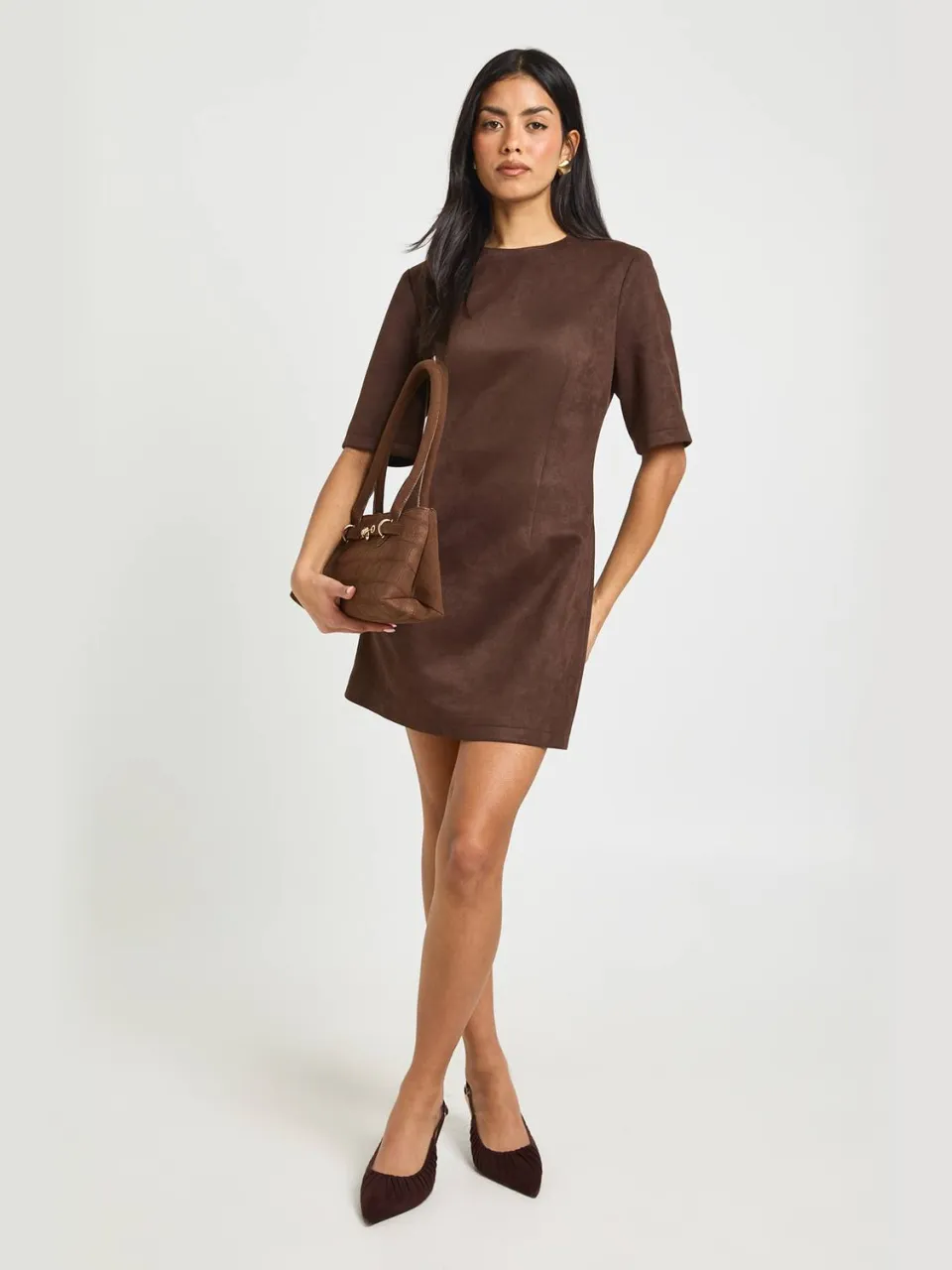 boohoo Dames Nep Suede Boxy T-shirt Jurk chocoladebruin, foto 3