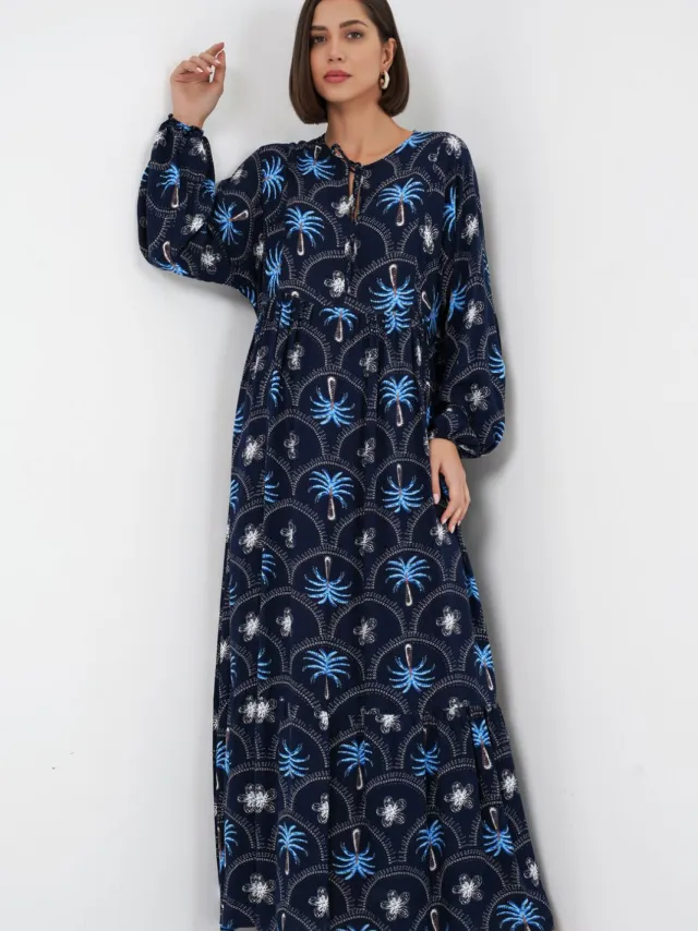 Big Dart Tropisch Geprinte Maxi Jurk met Knopsluiting Marineblauw