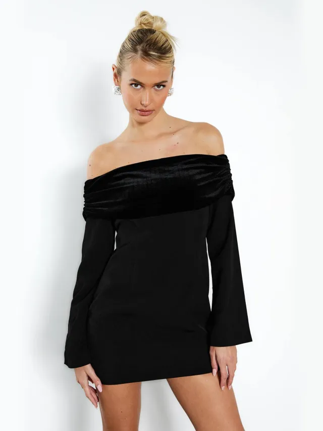 boohoo Dames Fluweel Overvouwbare Bardot Getailleerde Mini Jurk Zwart