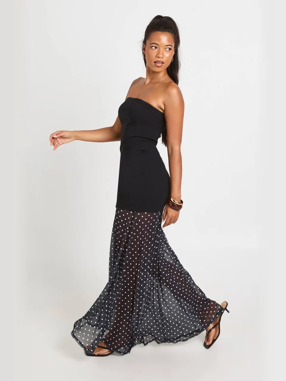 boohoo Dames Bengaline Bandeau Jurk Met Gestippelde Mesh Zoom zwart, foto 3