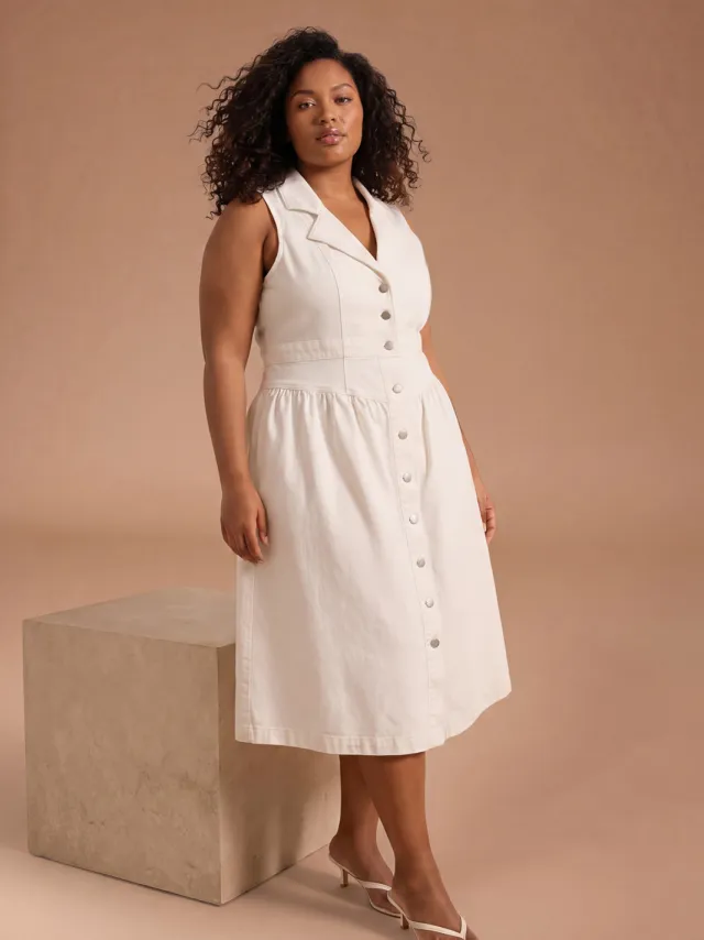 Trendyol Curve Dames Ecru Effen Midi Mouwloos Casual A-lijn Grote maten Jurk