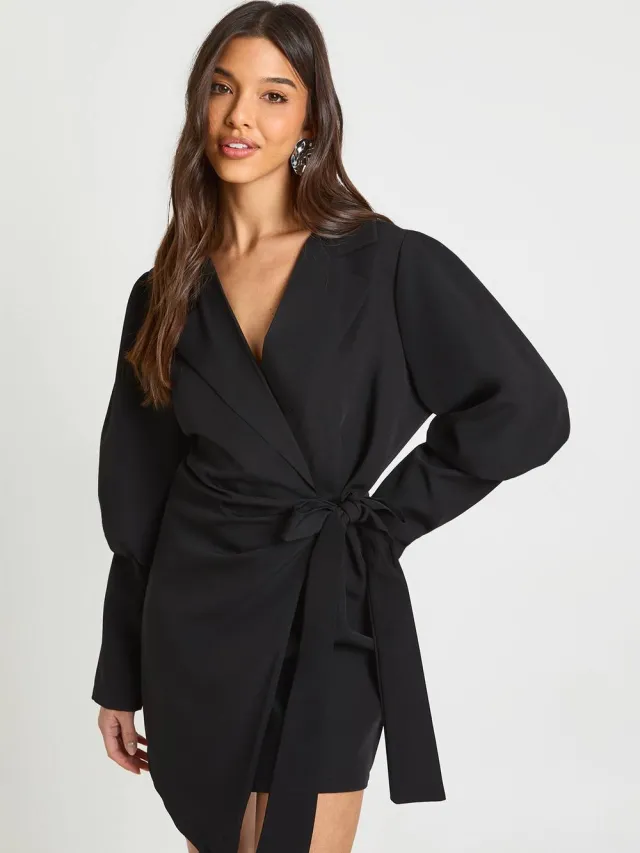 boohoo Dames Blazerjurk met volume mouwen en getiede taille Zwart