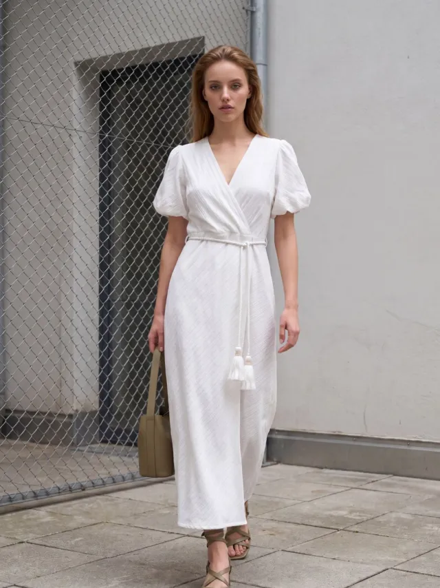 MyFashion Gestrikte V-hals Maxi Wikkeljurk Wit