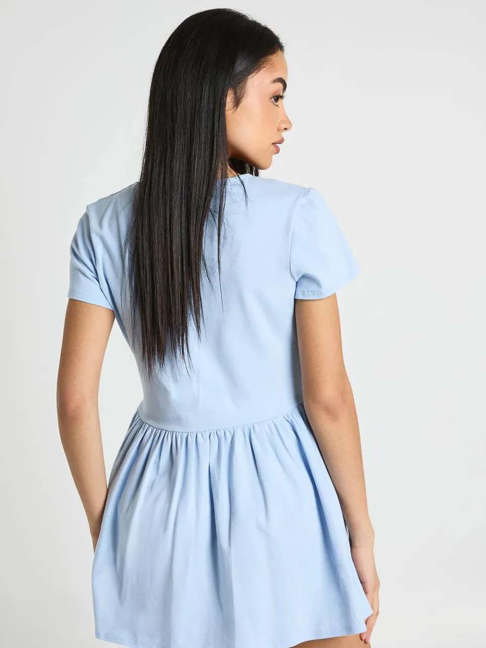 boohoo Dames Katoenen Skater Jurk Met Getailleerde Taille En Korte Mouwen babyblauw, foto 2