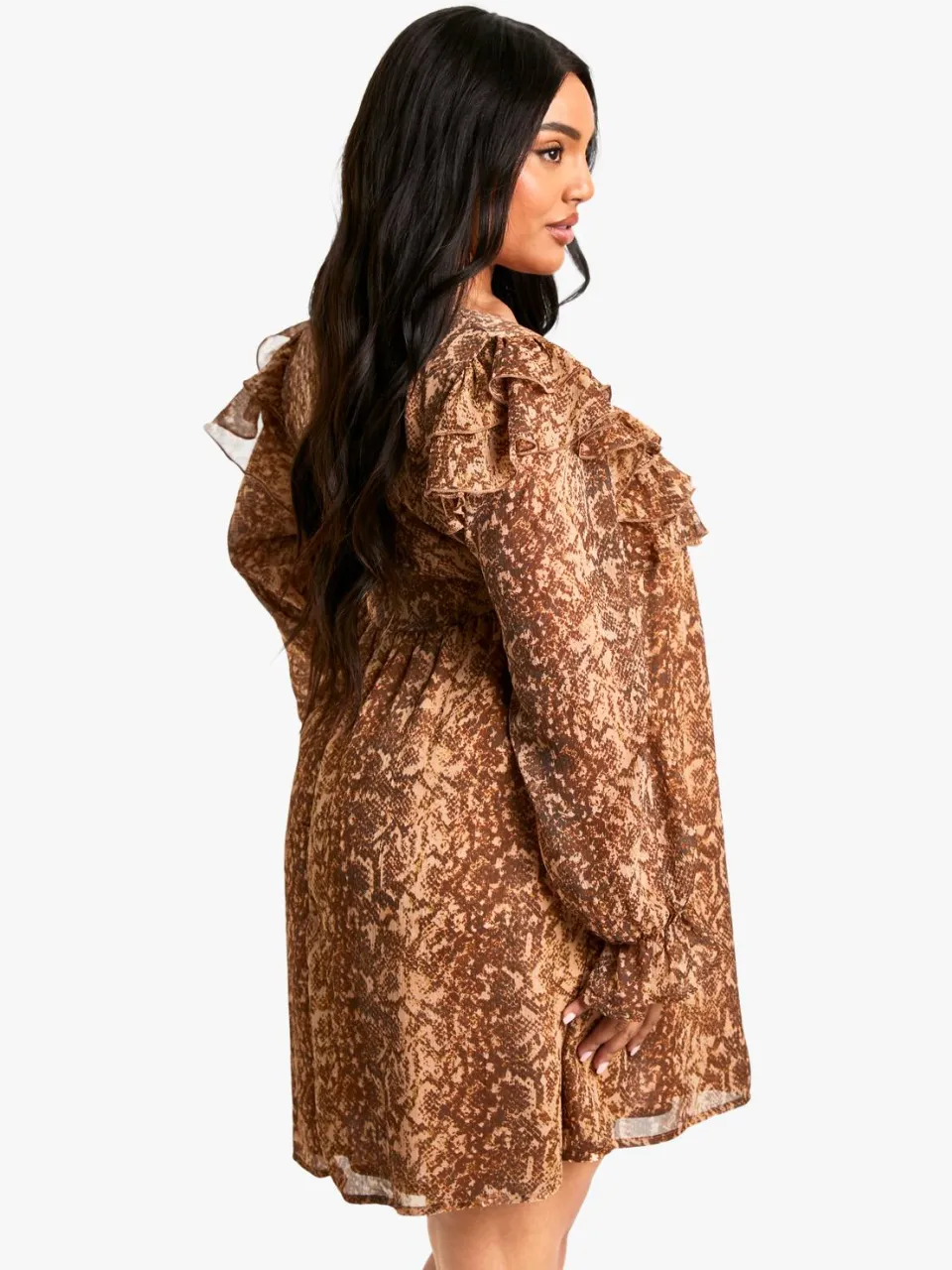 boohoo Dames Plus Snake Print Ruffle Smock Mini Jurk slangenprint, foto 2
