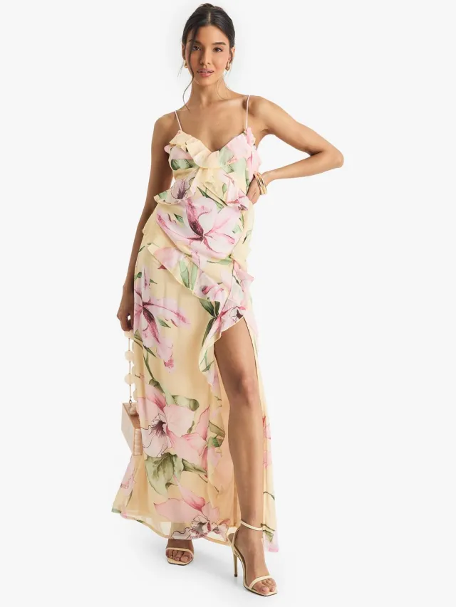 boohoo Dames Floral Crinkle Chiffon Ruffle Maxi Jurk Citroen