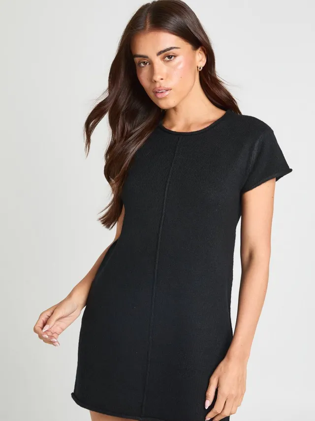 boohoo Dames Zacht Gebreid Mini-jurkje Met Naaddetail Zwart