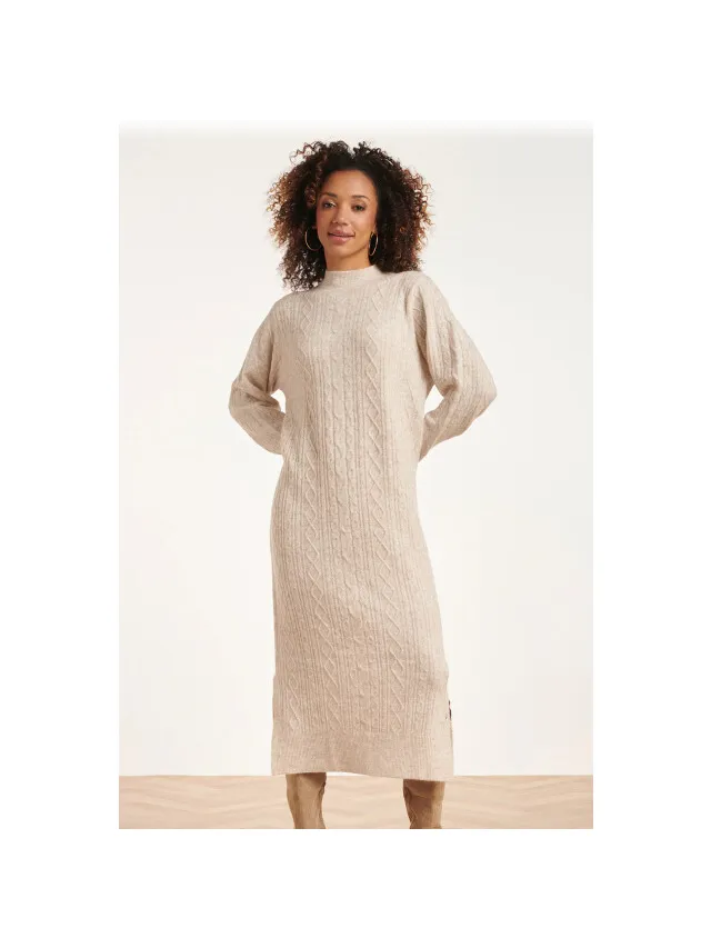 Smashed Lemon 24631 beige e gebreide midi jurk met kabelstructuur