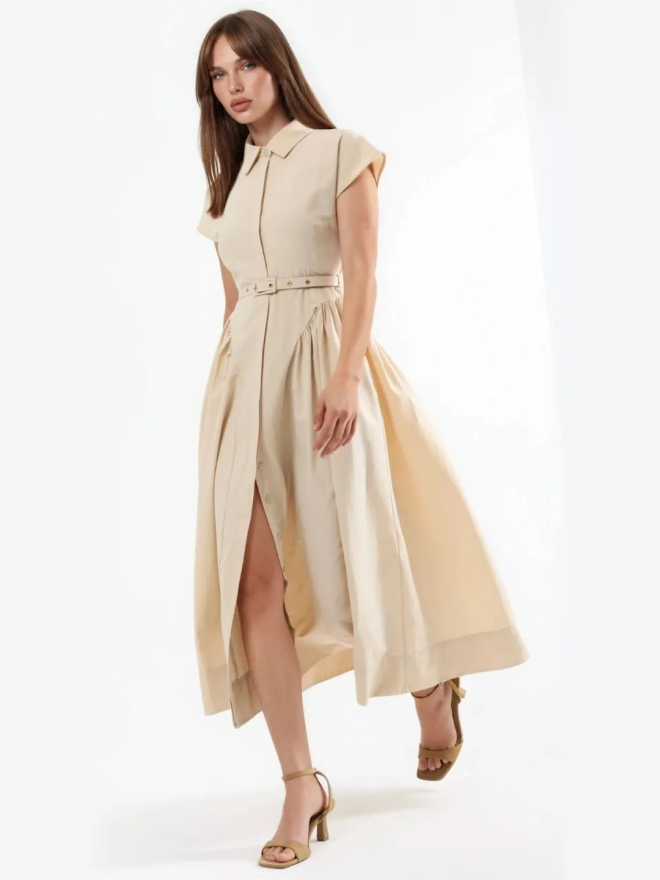Busem Gestrikt Midi-jurk met Hemdkragen beige, foto 2